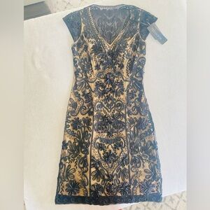 NWT Sue Wong Elegant Black and Beige Embroidered Dress